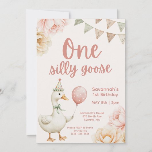 Invitation One Silly Goose Pink Floral 1st Birthday (Devant)