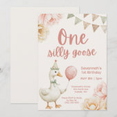 Invitation One Silly Goose Pink Floral 1st Birthday (Devant / Derrière)