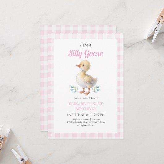 Invitation One Silly Goose Pink Gingham Girl First Birthday (Devant/Arrière en situation)