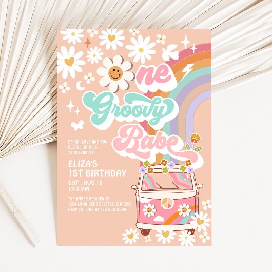 Invitation ONE Super Babe Rose Daisy Rainbow 1er anniversaire