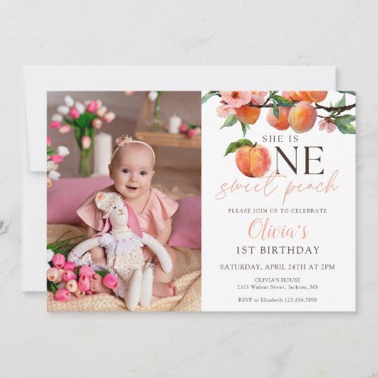Invitation One Sweet Peach 1st Birthday Photo (Devant)