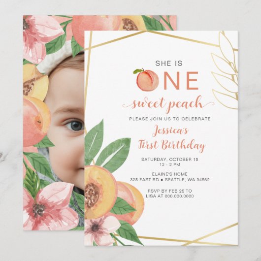 Invitation One Sweet Peach First Birthday photo (Devant / Derrière)