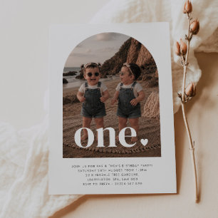 Invitation One Twin Girls - Heart Arched Photo First Birthday