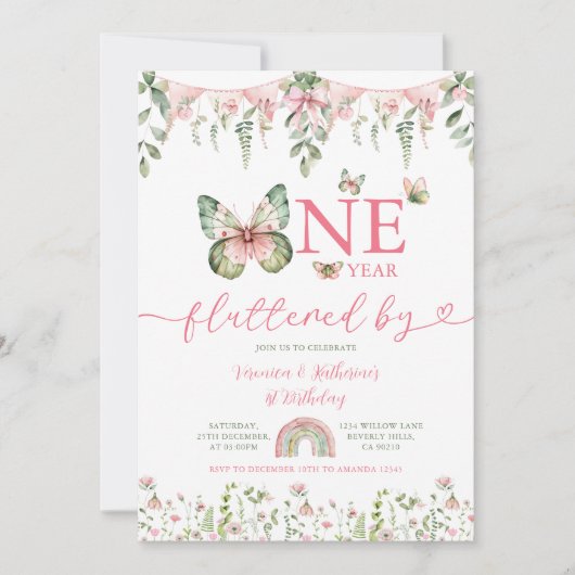 Invitation One year fluttered Butterfly First Birthday Floral (Devant)