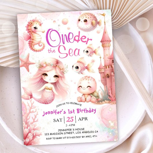 Invitation ONEder La Mer 1er Anniversaire Fille rose mignonne
