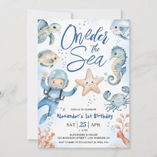 Invitation ONEder The Sea ! 1er anniversaire Boy Cute Ocean (Devant)
