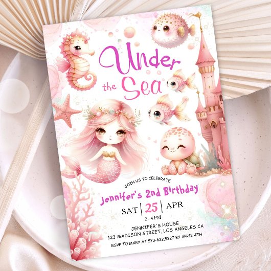 Invitation ONEder The Sea ! 2e anniversaire fille rose mignon