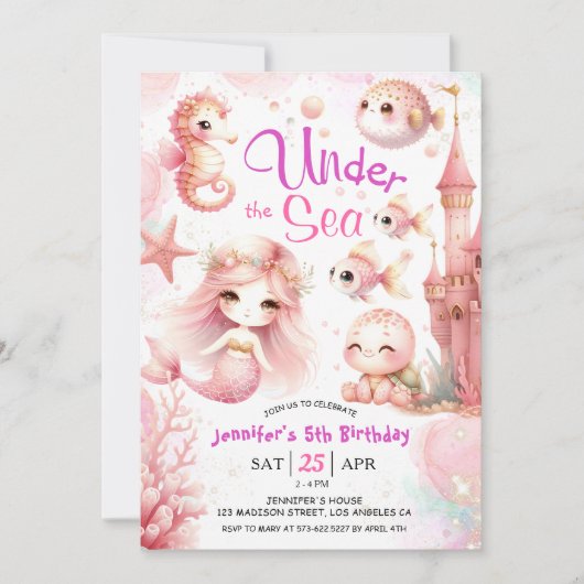 Invitation ONEder The Sea ! 5e anniversaire fille rose mignon (Devant)