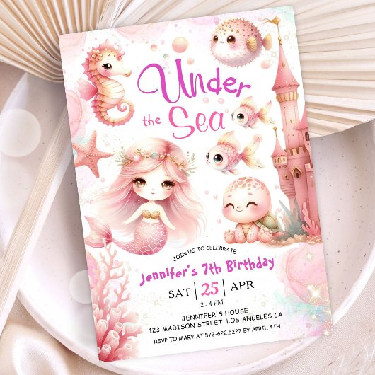 Invitation ONEder The Sea ! 7e anniversaire fille rose mignon