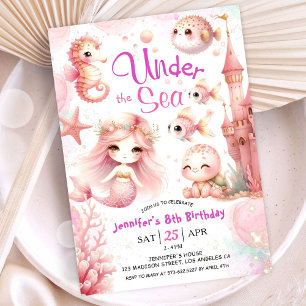 Invitation ONEder The Sea ! 8e anniversaire fille rose mignon