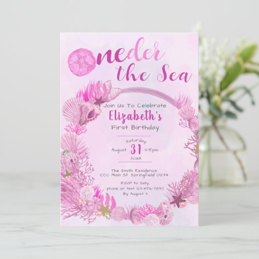 Invitation OneDer the Sea mignon rose fille 1er anniversaire (Debout devant)