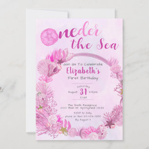Invitation OneDer the Sea mignon rose fille 1er anniversaire 