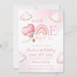 Invitation Onederful Montgolfière Rose Fille 1er Anniversaire