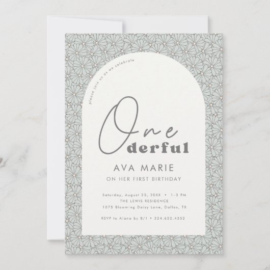 Invitation Onederful Retro Daisy Girls Mint 1er anniversaire (Devant)