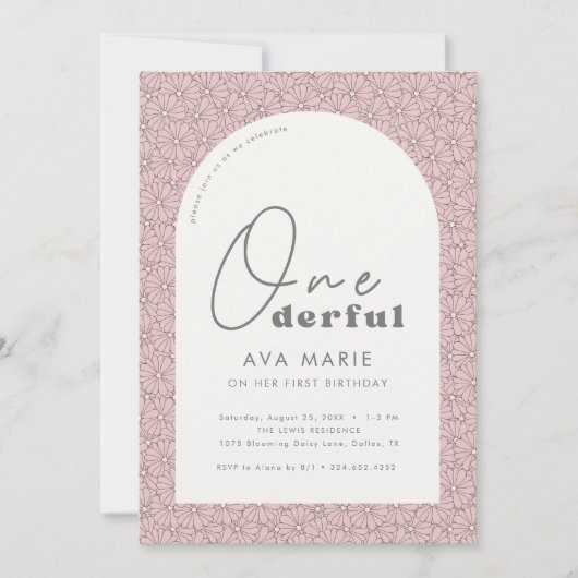 Invitation Onederful Retro Daisy Girls rose 1er anniversaire (Devant)