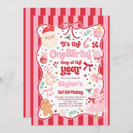Invitation Onederful Time Of The Year Christmas Bow Birthday (Devant / Derrière)