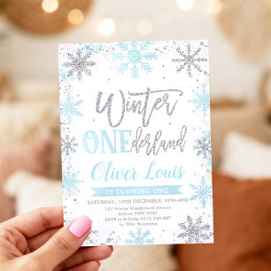 Invitation ONEderland d'hiver Argent Bleu 1er Anniversaire 