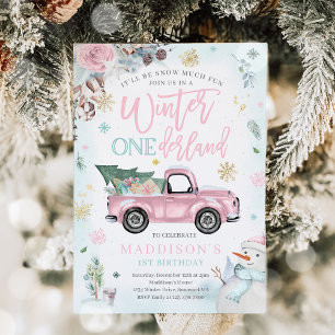 Invitation ONEderland d'hiver Camion de l'hiver Rose Fête de 