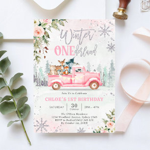 Invitation ONEderland d'hiver Fille du camion rose 1er annive