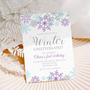 Invitation Onederland d'hiver flocon de neige violet et argen