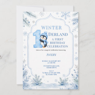 Invitation ONEderland Pingouin Neige Bleu Hiver 1e