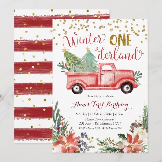 Invitation Onederland Red Christmas Truck Anniversaire (Devant / Derrière)
