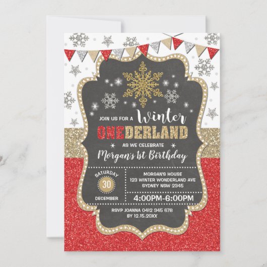 Invitation Onederland Red Gold Snowflake 1er anniversaire (Devant)