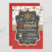 Invitation Onederland Red Gold Snowflake 1er anniversaire (Devant / Derrière)