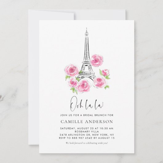 Invitation Ooh la la Eiffel Tower Pink Floral Bridal Brunch (Devant)