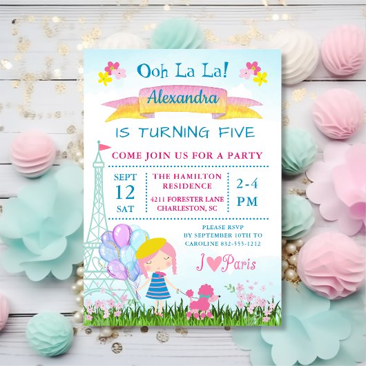 Invitation Ooh La La ! Paris Fille & Poodle Rose Anniversaire