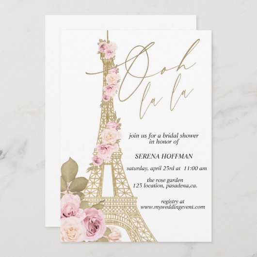 Invitation Ooh La La, Thème Paris, Fête des mariées, Tour Eif (Devant / Derrière)