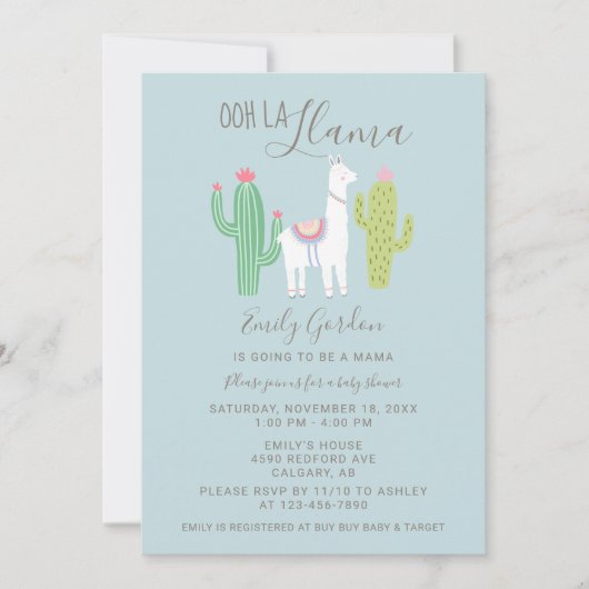 Invitation Ooh La Llama Baby shower mignon bleu & brun simple (Devant)