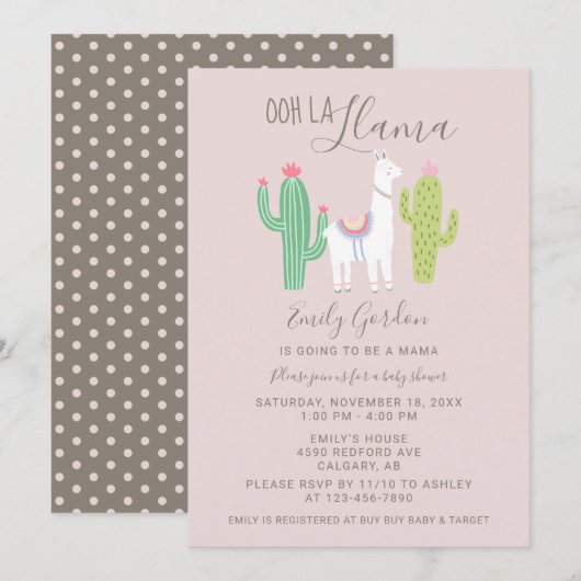 Invitation Ooh La Llama Baby shower mignon rose et brun simpl (Devant / Derrière)