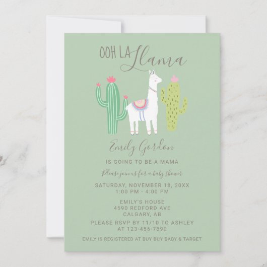 Invitation Ooh La Llama Baby shower mignon turquoise & brun s (Devant)