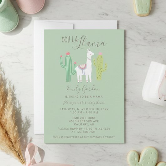 Invitation Ooh La Llama Baby shower mignon turquoise & brun s