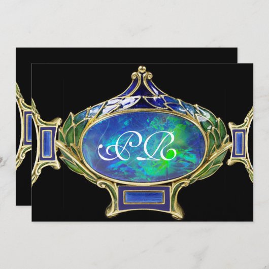INVITATION OPALE BLEU VERT, MONOGRAMME DE JOAILLERIE EN OR AR (Devant / Derrière)