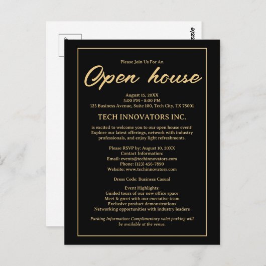 Invitation Open House Black & Gold Elegant (Devant / Derrière)
