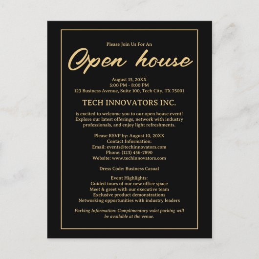 Invitation Open House Black & Gold Elegant (Devant)
