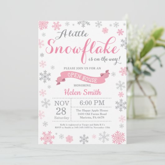 Invitation Open House d'hiver Pink Snowflake (Debout devant)
