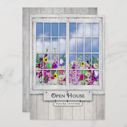 Invitation OPEN HOUSE, INVITATION, Fenêtre rustique/Flower bo (Devant / Derrière)