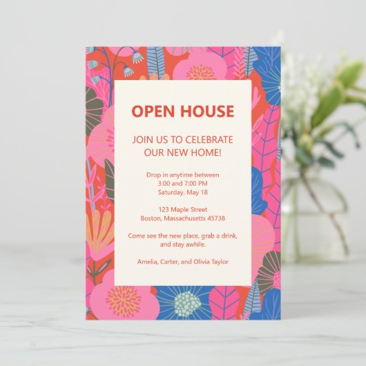 Invitation Open House Tropical Floral Pink Red Housewarming (Debout devant)