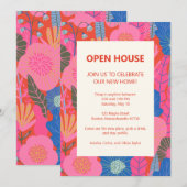 Invitation Open House Tropical Floral Pink Red Housewarming (Devant / Derrière)
