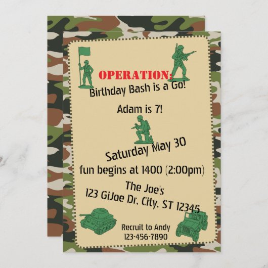 Invitation Opération Anniversaire Jouet Bash Jouet Soldat ann (Devant / Derrière)