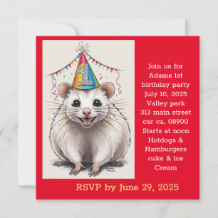 Invitation Opossum de Virginie portant un chapeau d'anniversa