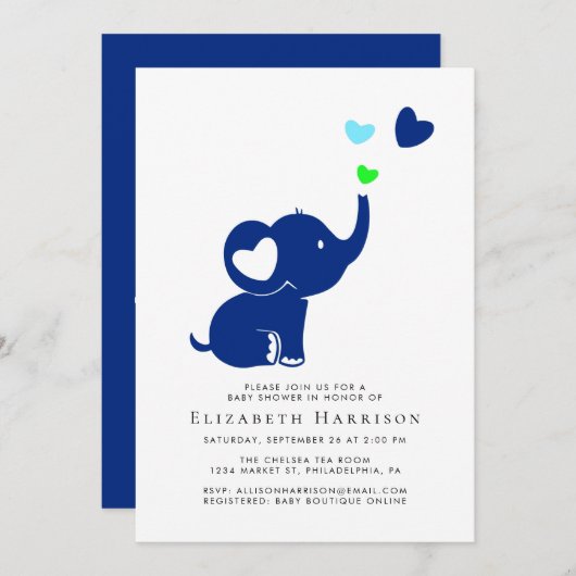 Invitation Option virtuelle Baby shower bleu éléphant minimal (Devant / Derrière)