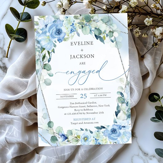 Invitation Opulent fleurs bleues argent sauge Fiançailles