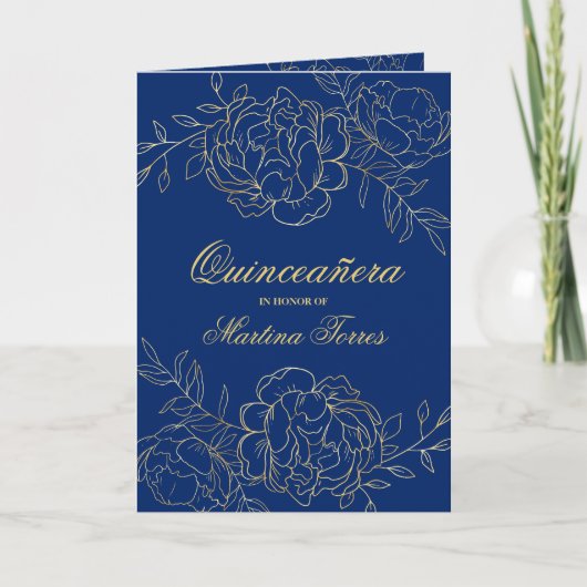 Invitation Opulent or et Royal Blue Floral Quinceanera (Devant)