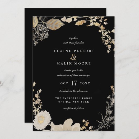 Invitation Opulente de mariage dans le jardin doré (Devant / Derrière)