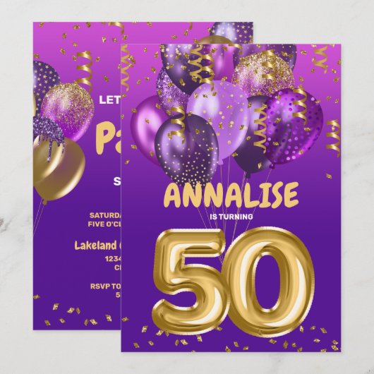 Invitation Or 50 ans Confetti Purple 50e anniversaire (Devant / Derrière)