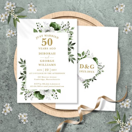 Invitation Or 50e anniversaire Mariage Monogramme Floral